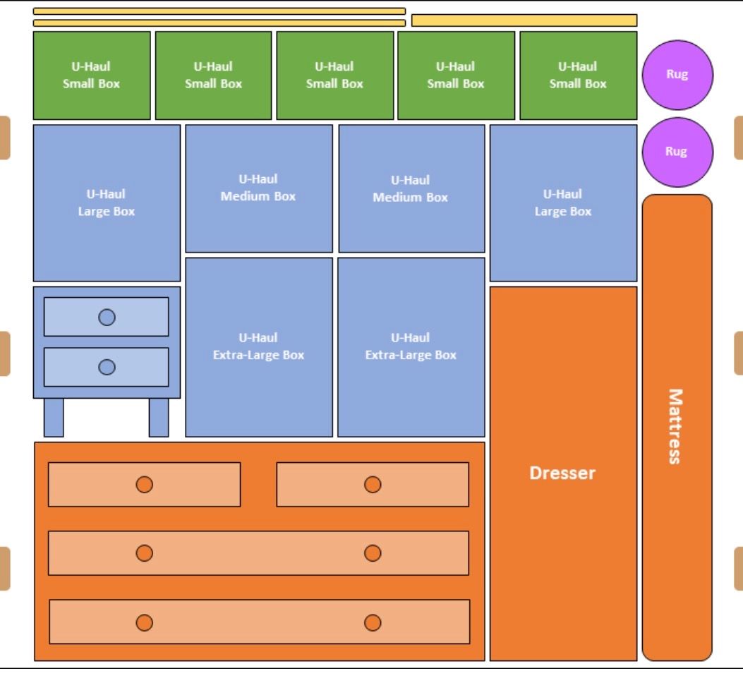 Color-coded cabinet layout diagram with labeled drawers, bins, and shelves.