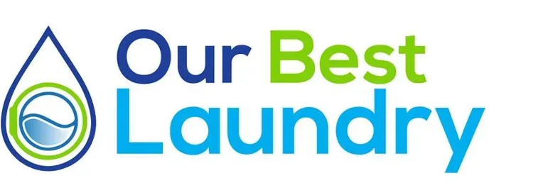 Our Best Laundry logo with blue text and a green-and-blue water droplet icon