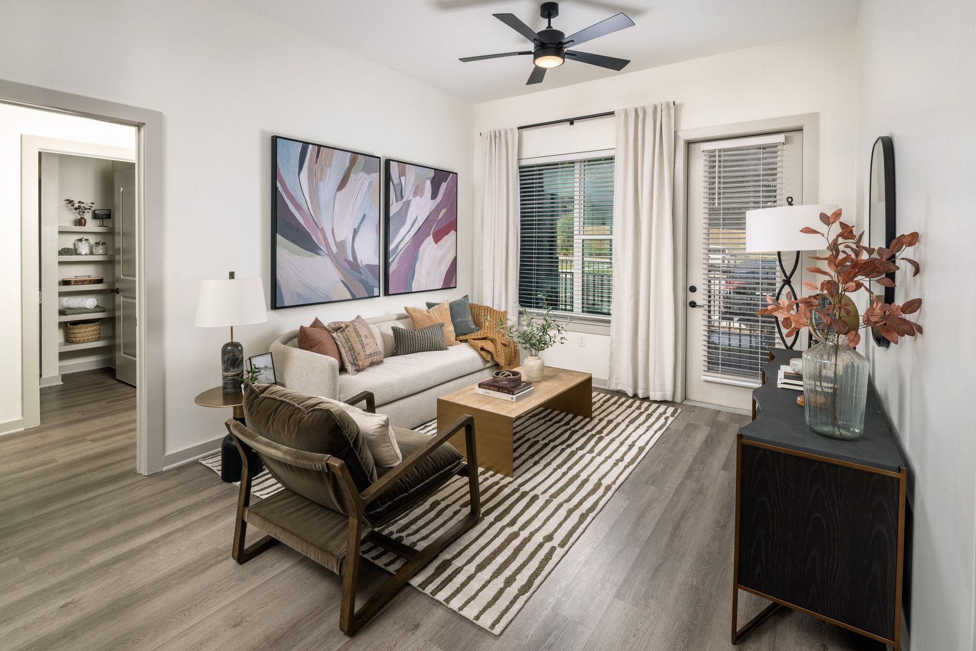 Bright living room with a sofa, patterned rug, wall art, and a view into a closet/dressing area.