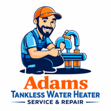 Logo for Adams Tankless Water Heater Service & Repair featuring a smiling technician and plumbing components.