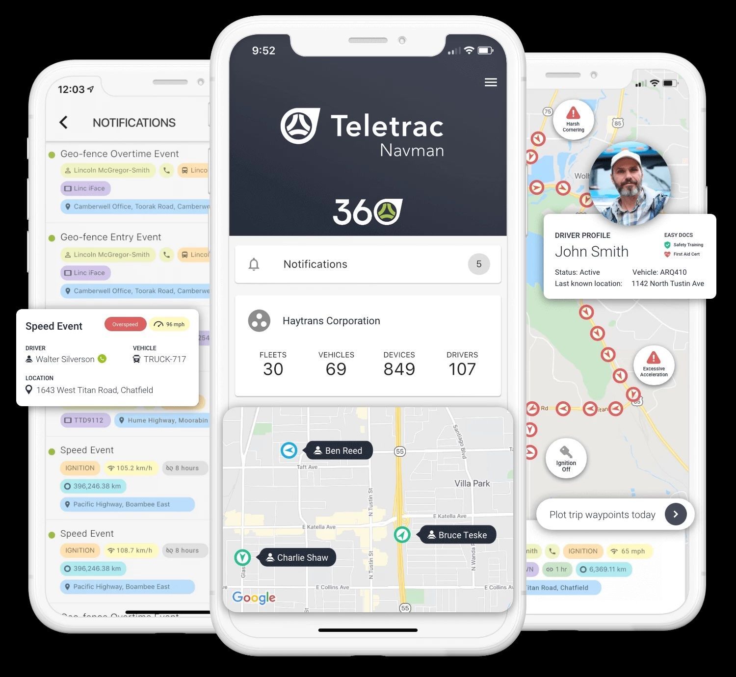 Three smartphone screens show the Teletrac navigation app with maps, route markers, and vehicle tracking details. — Frontier Connect in Chinchilla, QLD