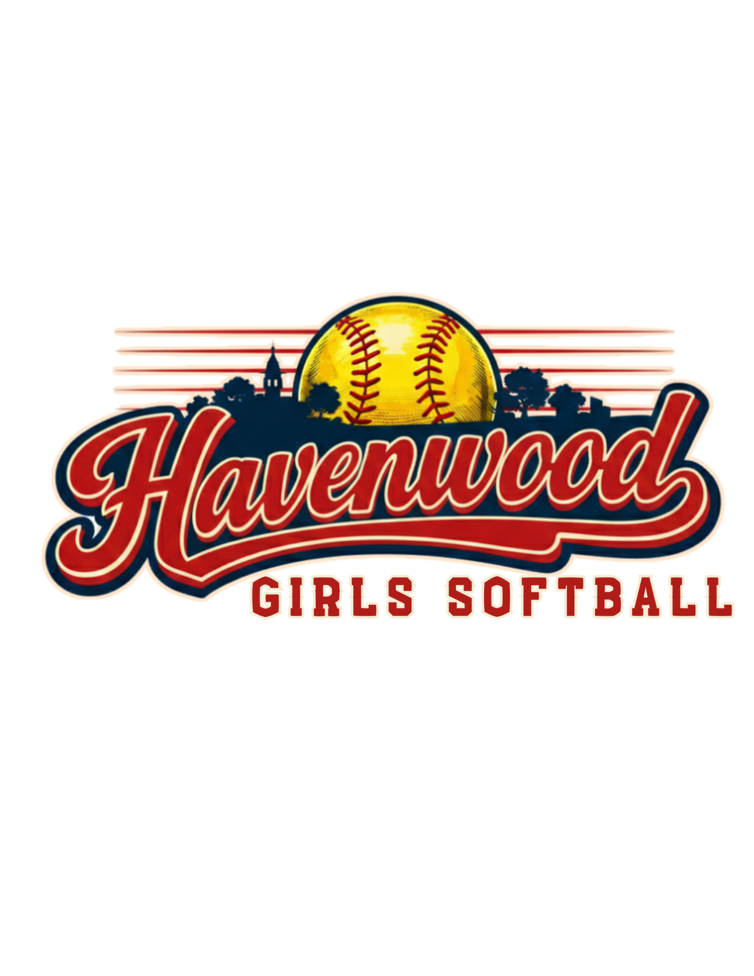Havenwood Girls Softball logo with red script and a yellow softball over a city skyline