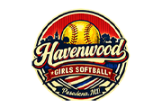 Havenwood Girls Softball circular red-and-gold team logo with baseball stitching and Pensacola, FL text