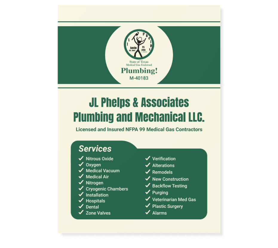 Green and cream flyer for J. Phelps & Associates Plumbing and Mechanical LLC listing services.