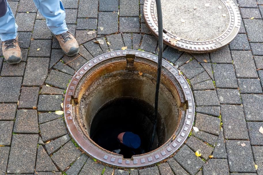 Open manhole in brick pavement with a metal cover and worker's boots nearby