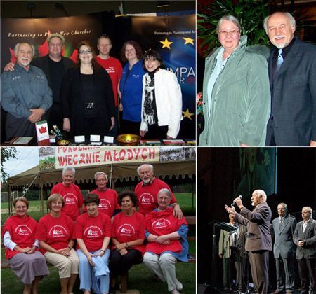 Collage of group photos: people posing indoors, outdoors in red shirts, and onstage under stage lights