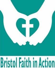 Bristol Faith in Action logo: white hands holding a heart with a cross on teal background
