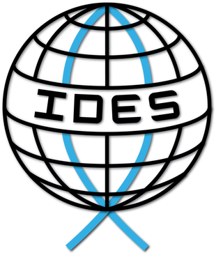 IDES logo: black wireframe globe with blue meridians and blue crossed lines below