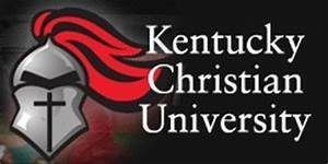 Kentucky Christian University logo with silver helmet, red plume, and cross emblem on black background