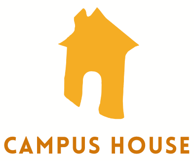 Orange house-shaped logo with the words “CAMPUS HOUSE” below it