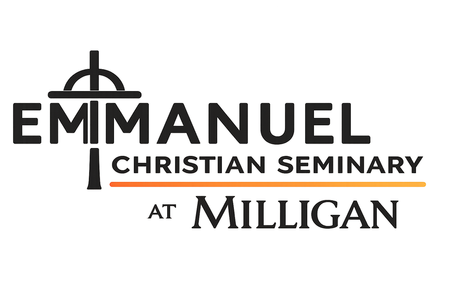 Emmanuel Christian Seminary at Milligan logo with black cross and orange underlin