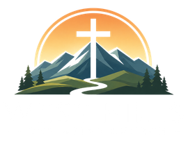 Homepage Stylized mountain logo with a white cross, sunrise, pine trees, and a winding path