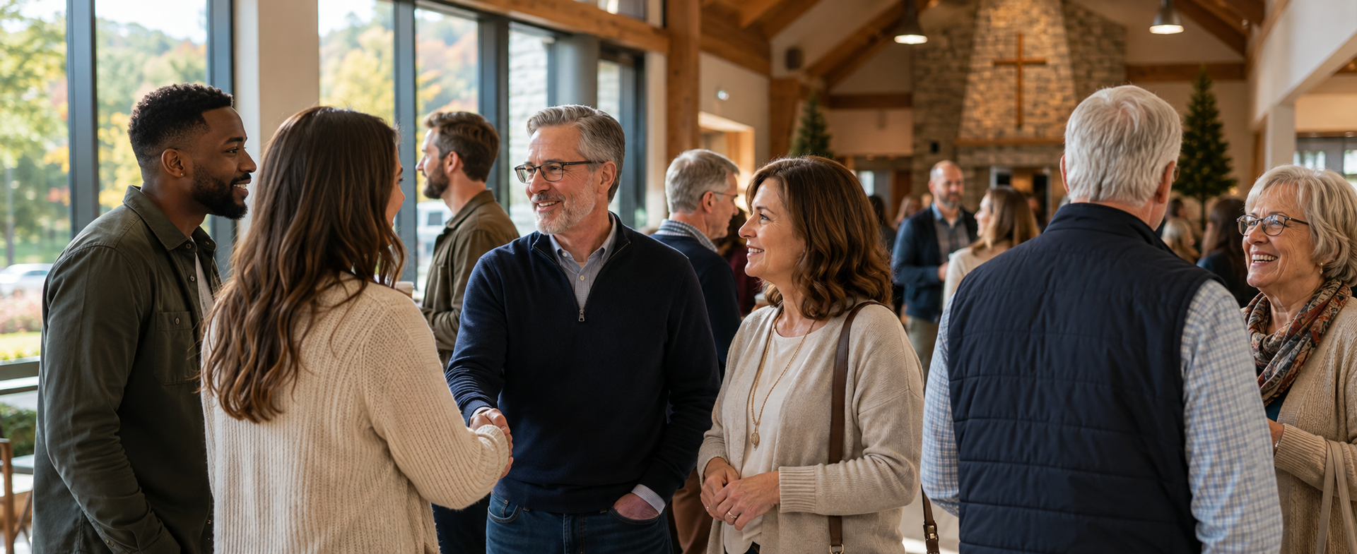 People chatting in a bright wooden hall with large windows and natural light. 