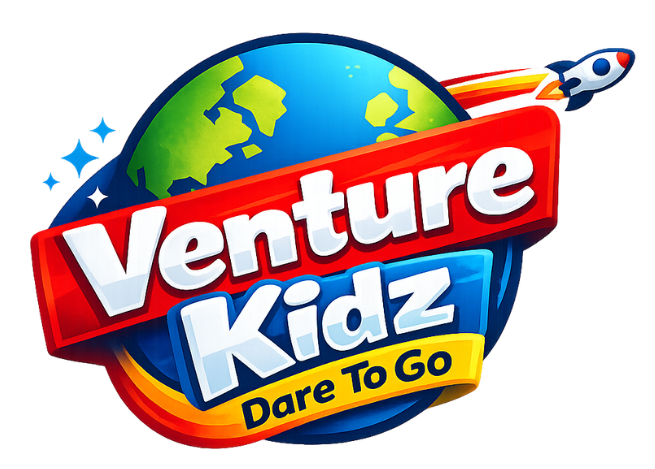 Venture Kidz Dare To Go logo with globe, red ribbon text, and small rocket