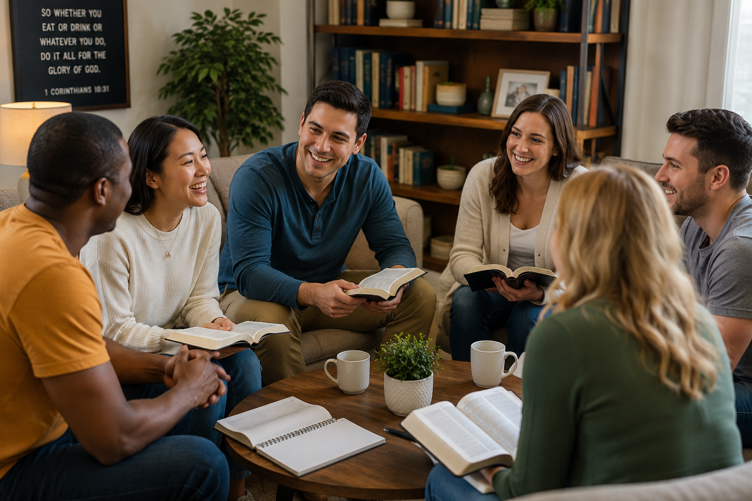 Small group in a cozy living room discussing around a coffee table with open notebooks and books