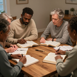 Learn More About Small Groups Small group studying together around a wooden table with open books and notebooks in a warm room