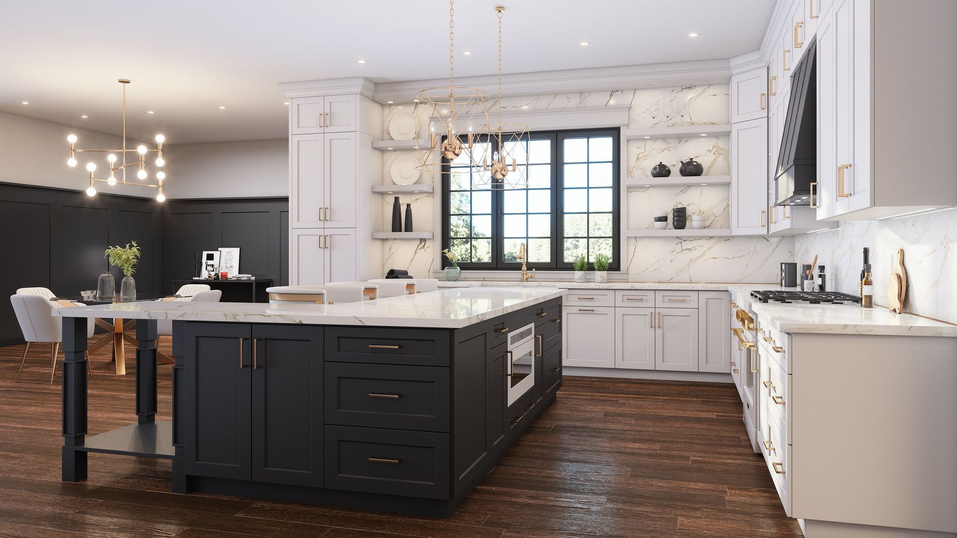 A kitchen with white cabinets and a large island in the middle.