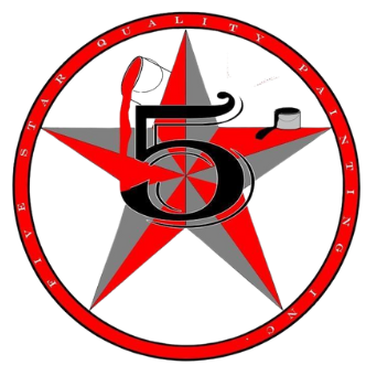 A red and gray star with the number 5 in the center