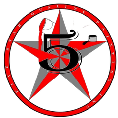 A red and gray star with the number 5 in the center