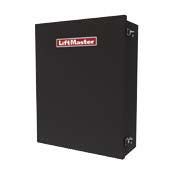 A black lift master garage door opener on a white background.
