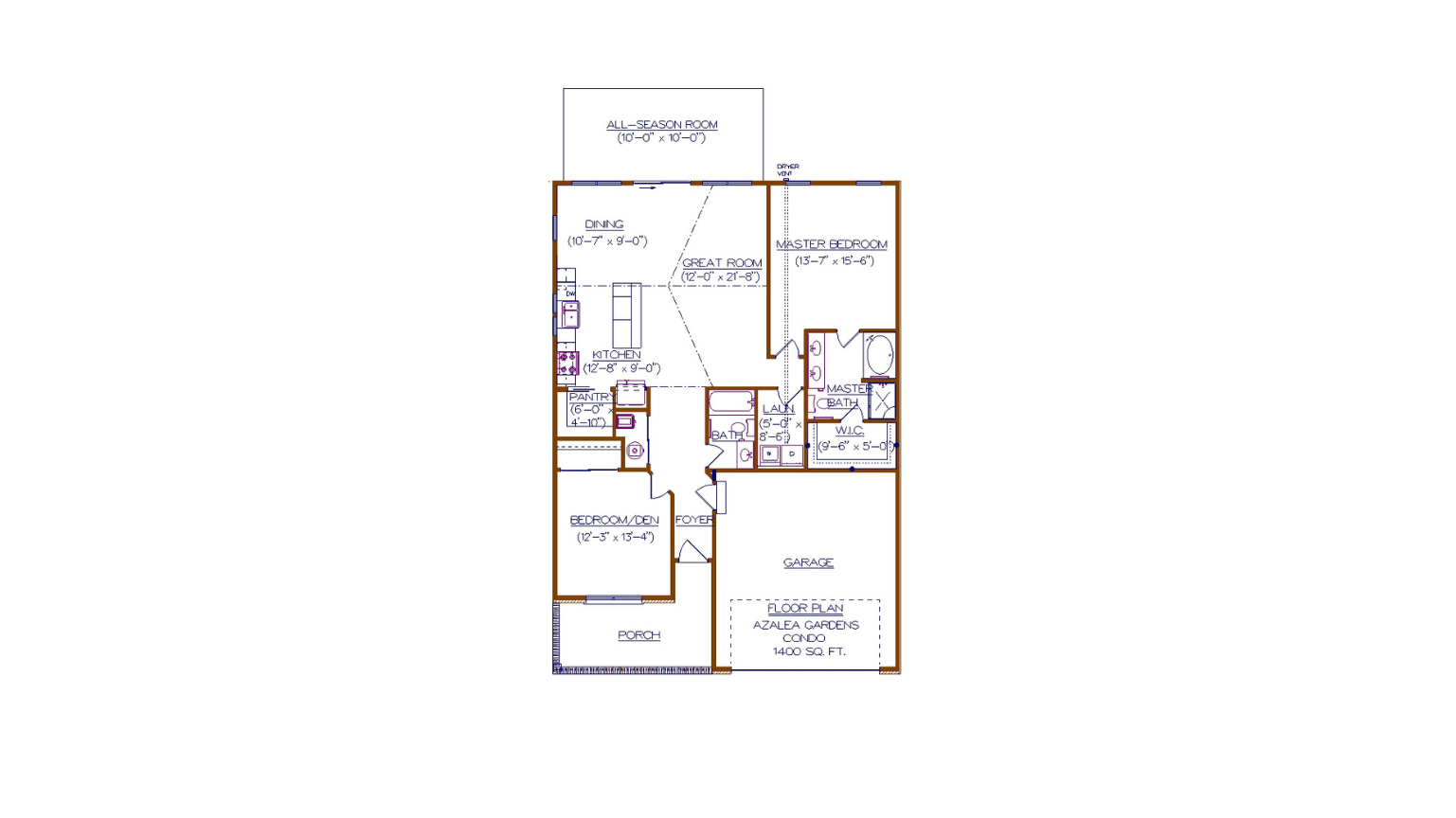 A floor plan of a house with three bedrooms and a garage.
