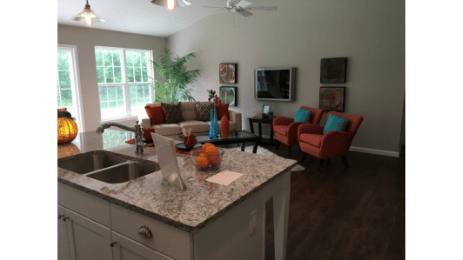 A kitchen with a sink and a living room in the background