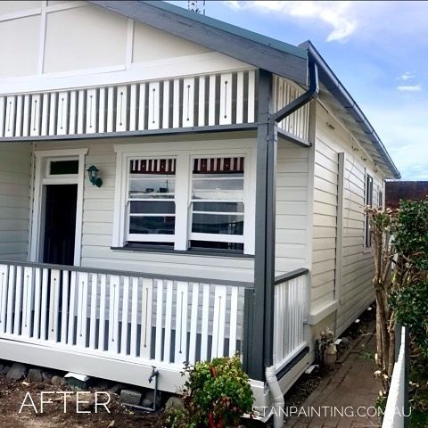 White and Gray Painted House with Porch, Railings — Stan Painting Services In Cessnock, NSW