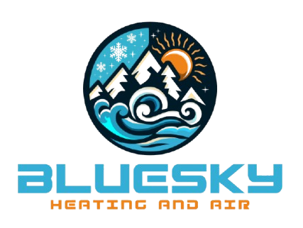 BlueSky Heating and Air logo with mountains, sun, snowflakes, and waves in blue and orange