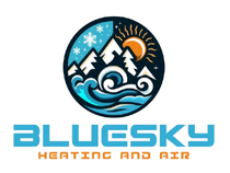 BlueSky Heating and Air logo with mountains, sun, snowflakes, and waves in blue and orange