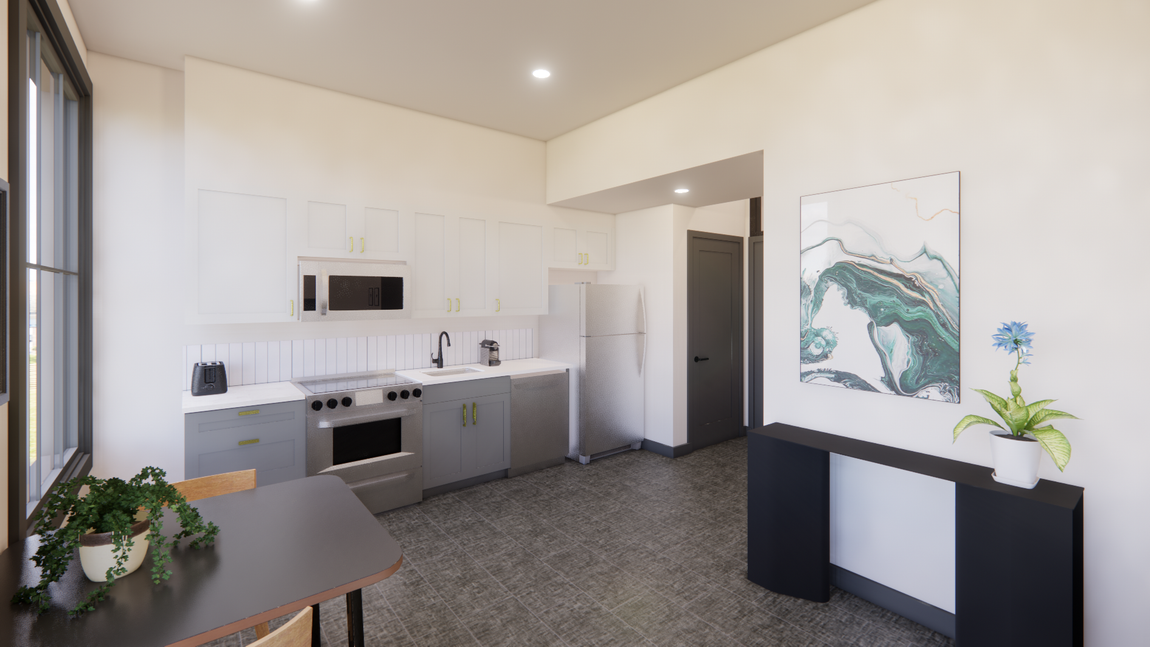 Affordable Apartments in Omaha, NE, with an In-Unit Washer and Dryer - The Carrara on Farnam - Studio Kitchen with Cabinetry, Microwave, Range, Dishwasher, Refrigerator, Dining Table, and Chairs.