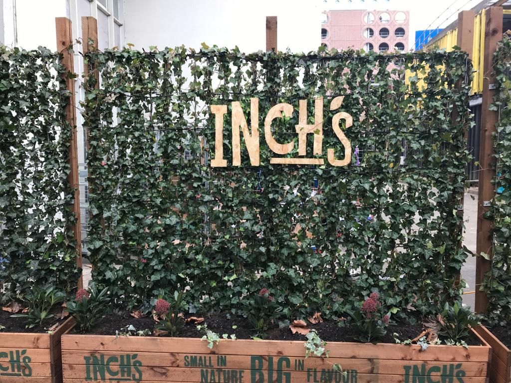 Inch's wooden cut lettering over ivy background