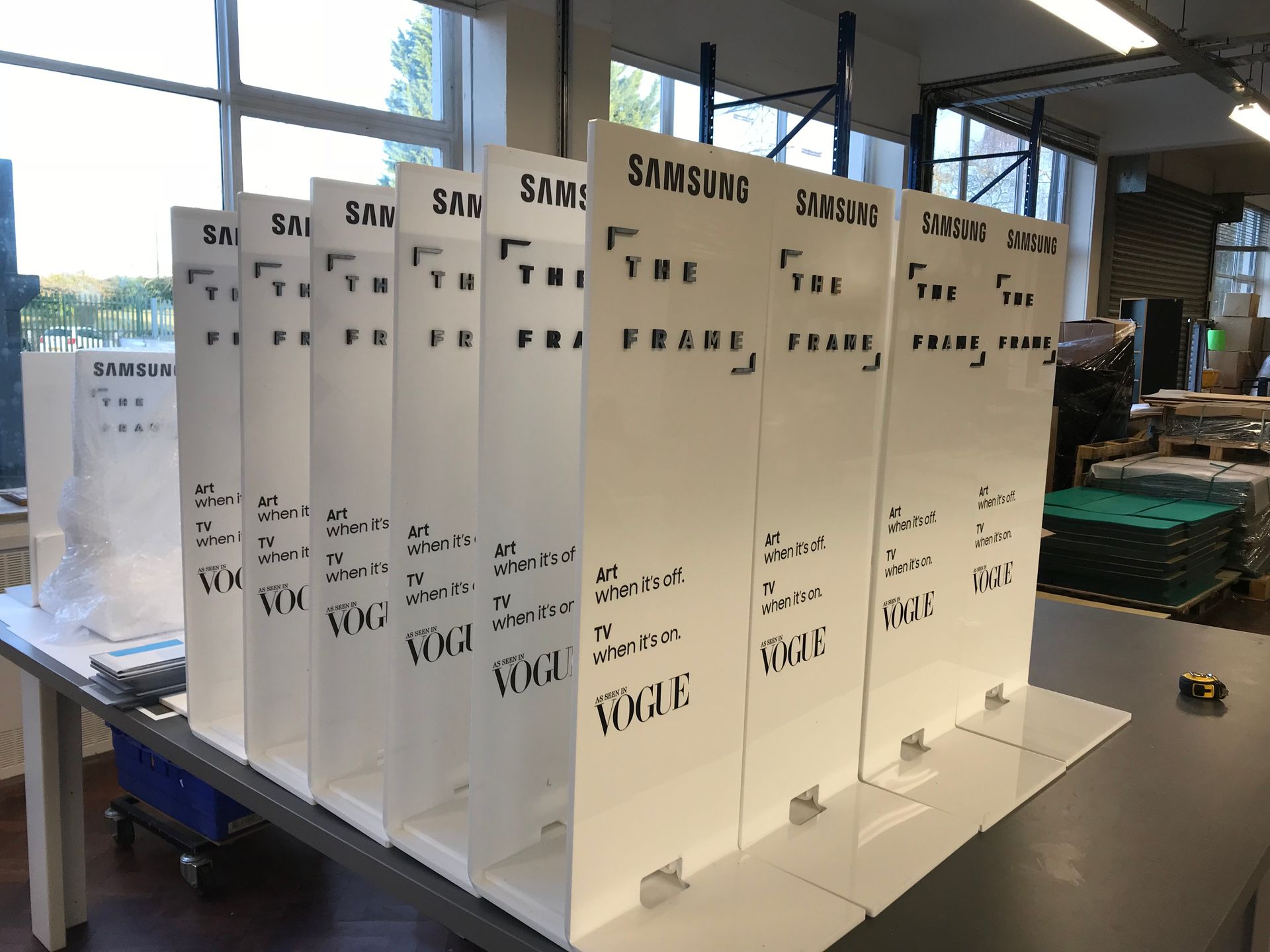 Heat formed acrylic with 3D acrylic lettering free standing for Samsung Frame TV