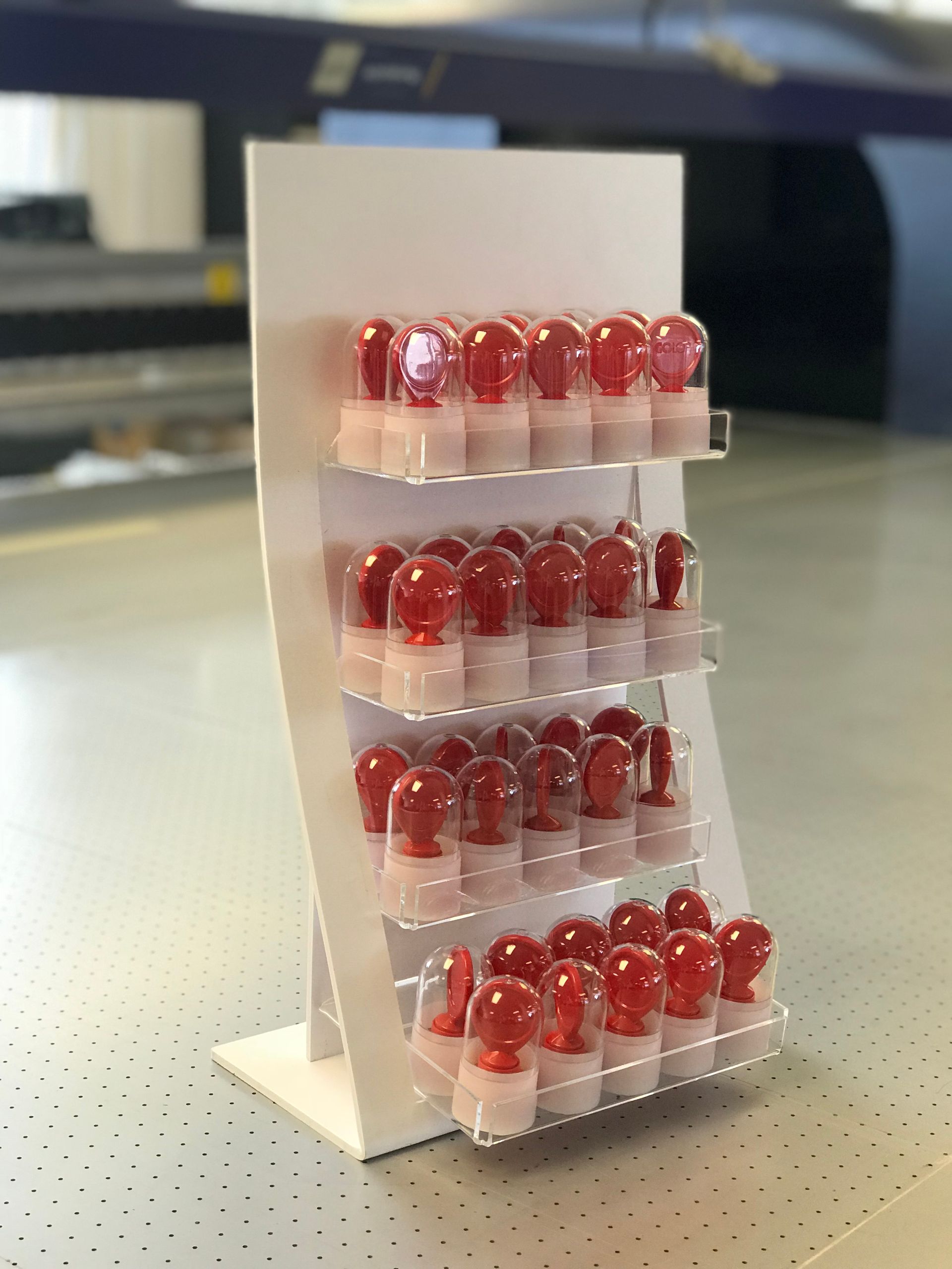 Free standing Foamex table top POS with clear acrylic shelves