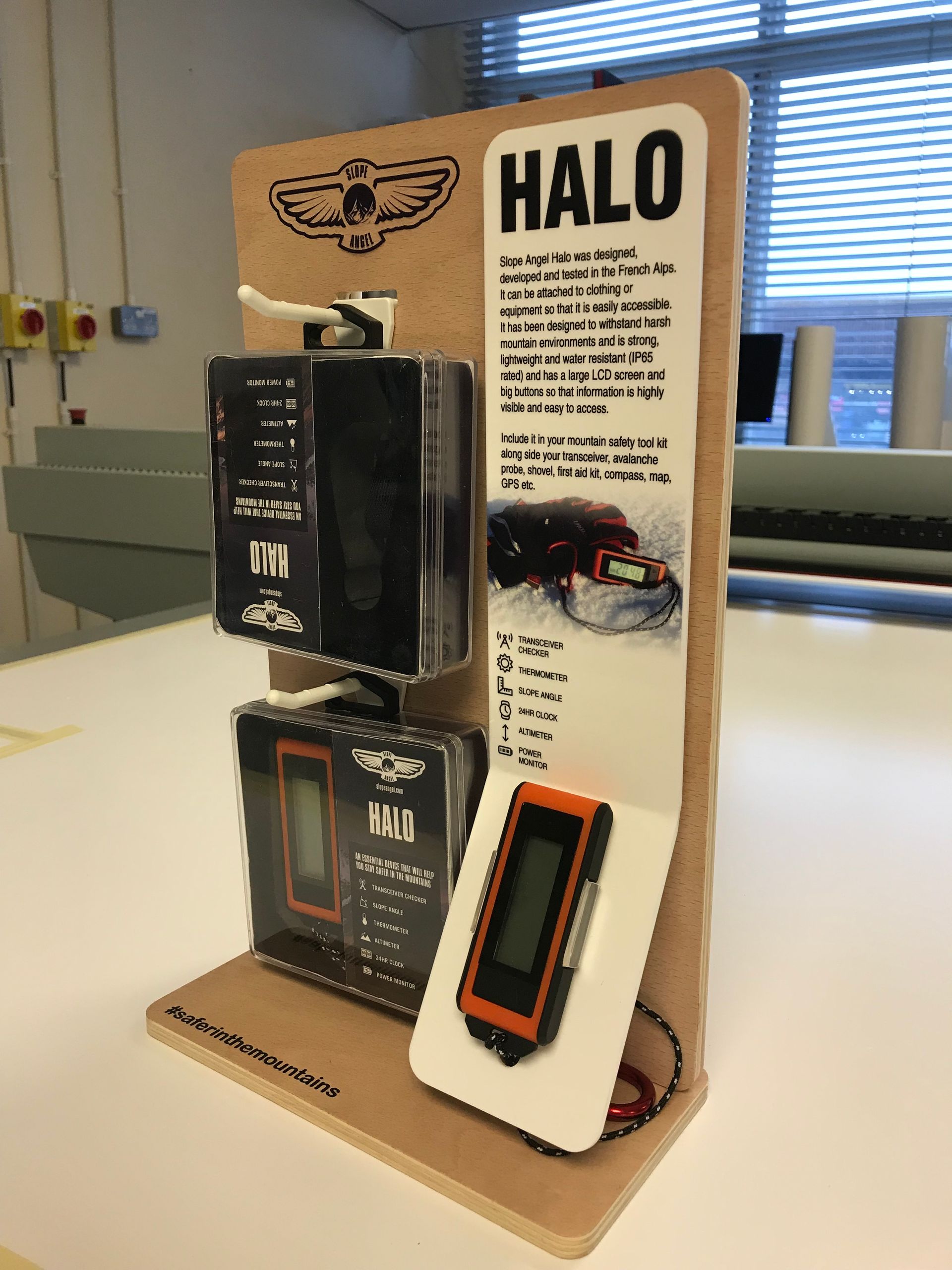Halo slope angel Counter top POS manufactured in wood and heat bent perspex