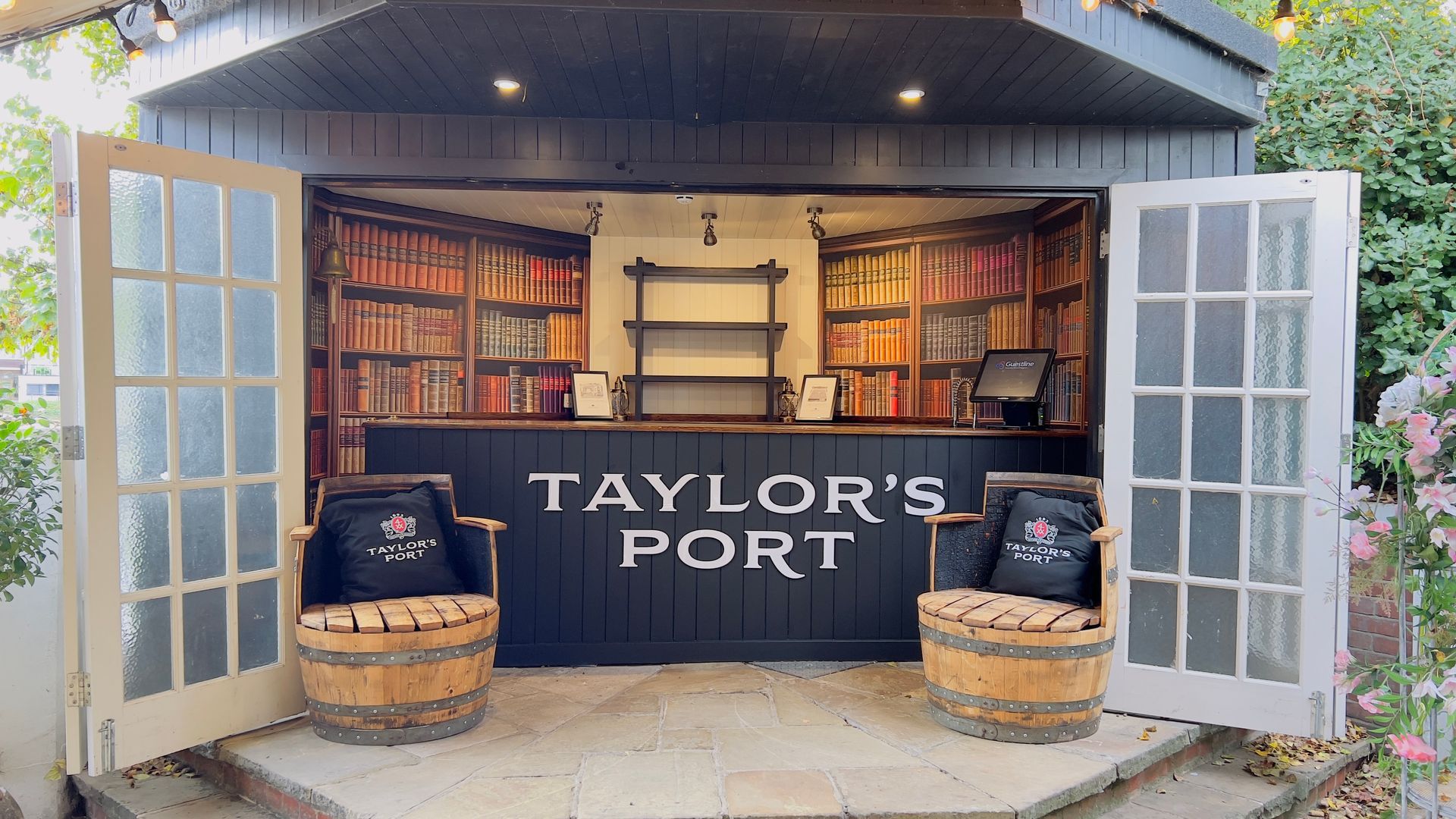 Taylor's Port cut acrylic lettering applied to outdoor bar with branded printed cushions