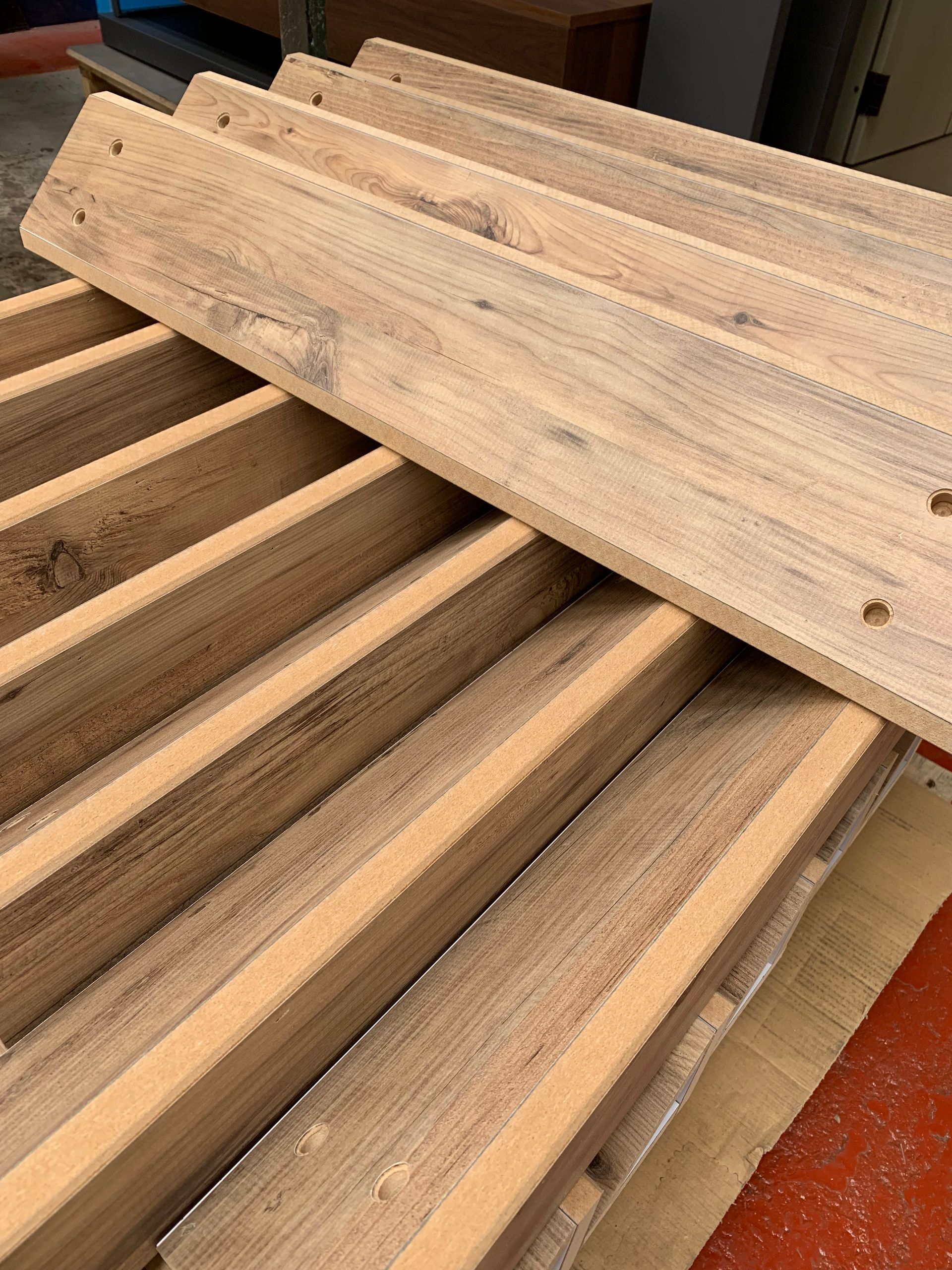 MDF shelves covered with wood laminate