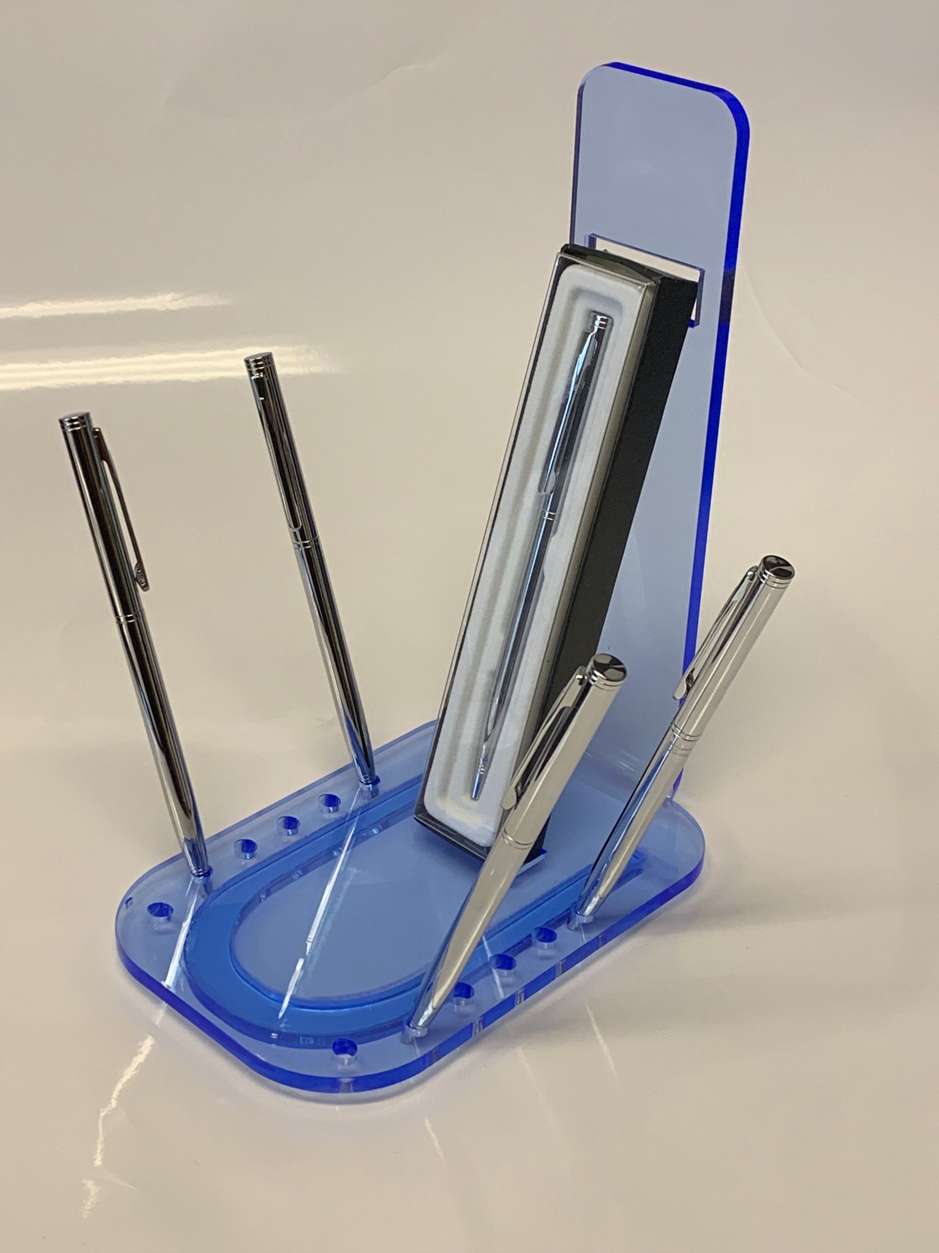 Counter top POS manufactured from blue clear perspex