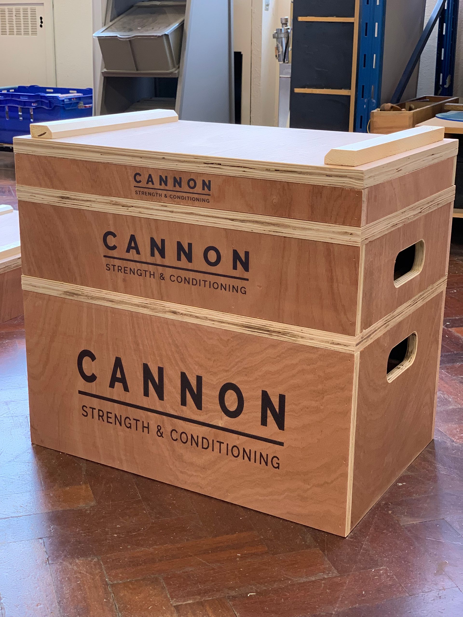 Exercise jump box made from wood for Cannon Strength & Conditioning