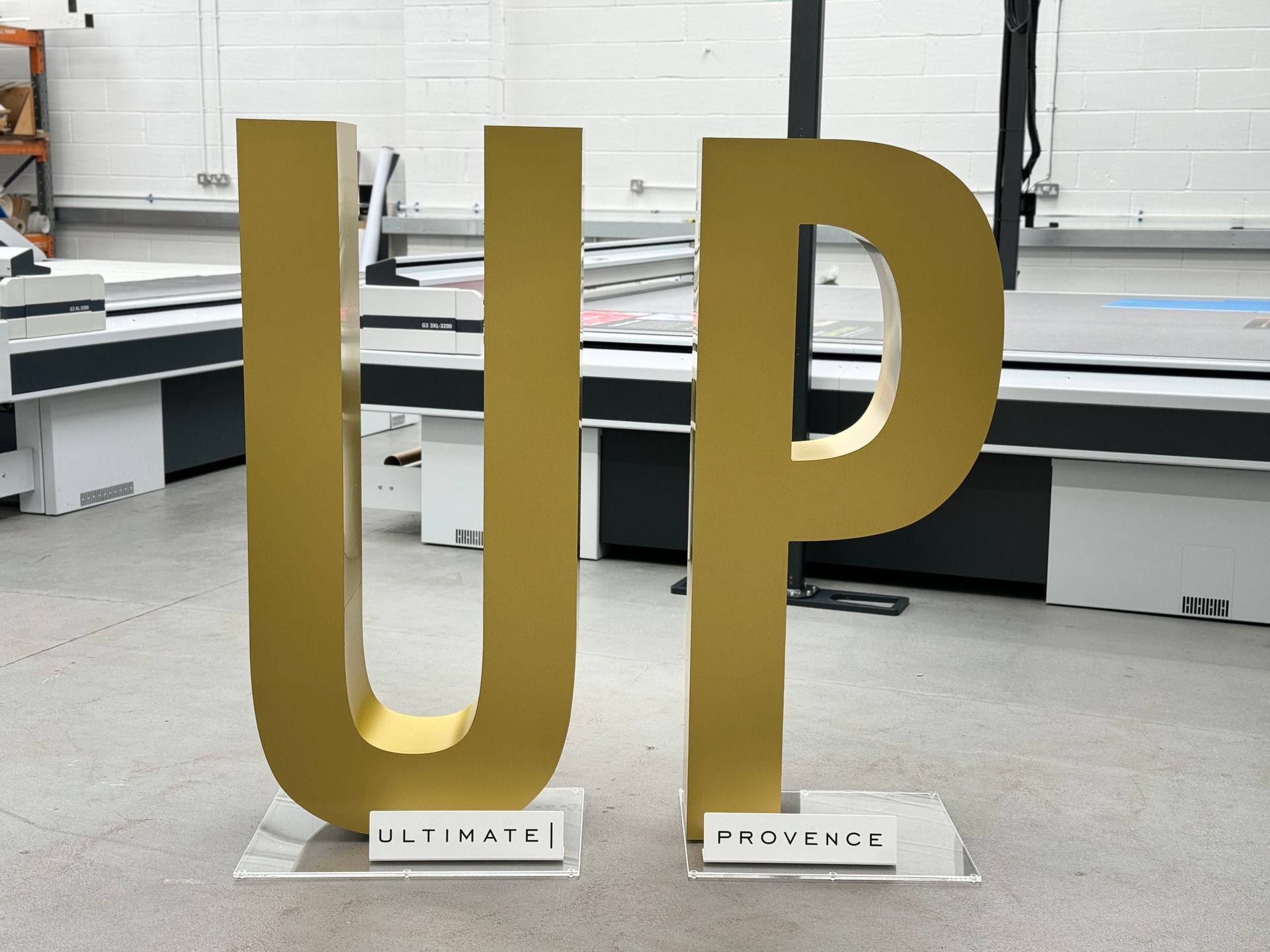 Gold 3D UP ultimate Provence free standing letters on clear perspex plates