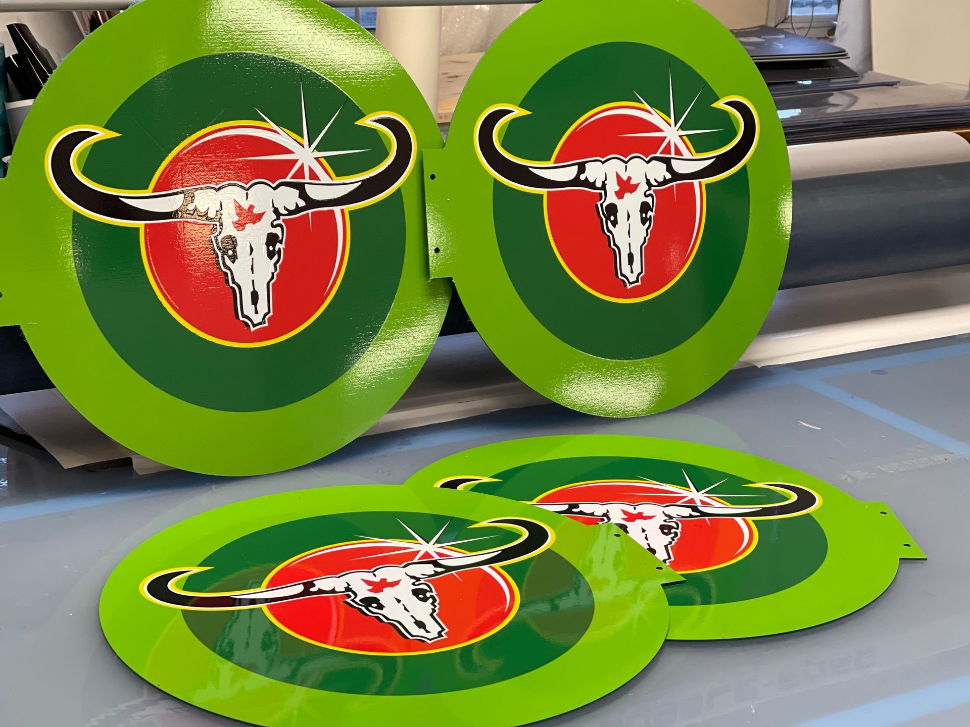Direct print to metal brand display logo roundel for Carabao energy dink