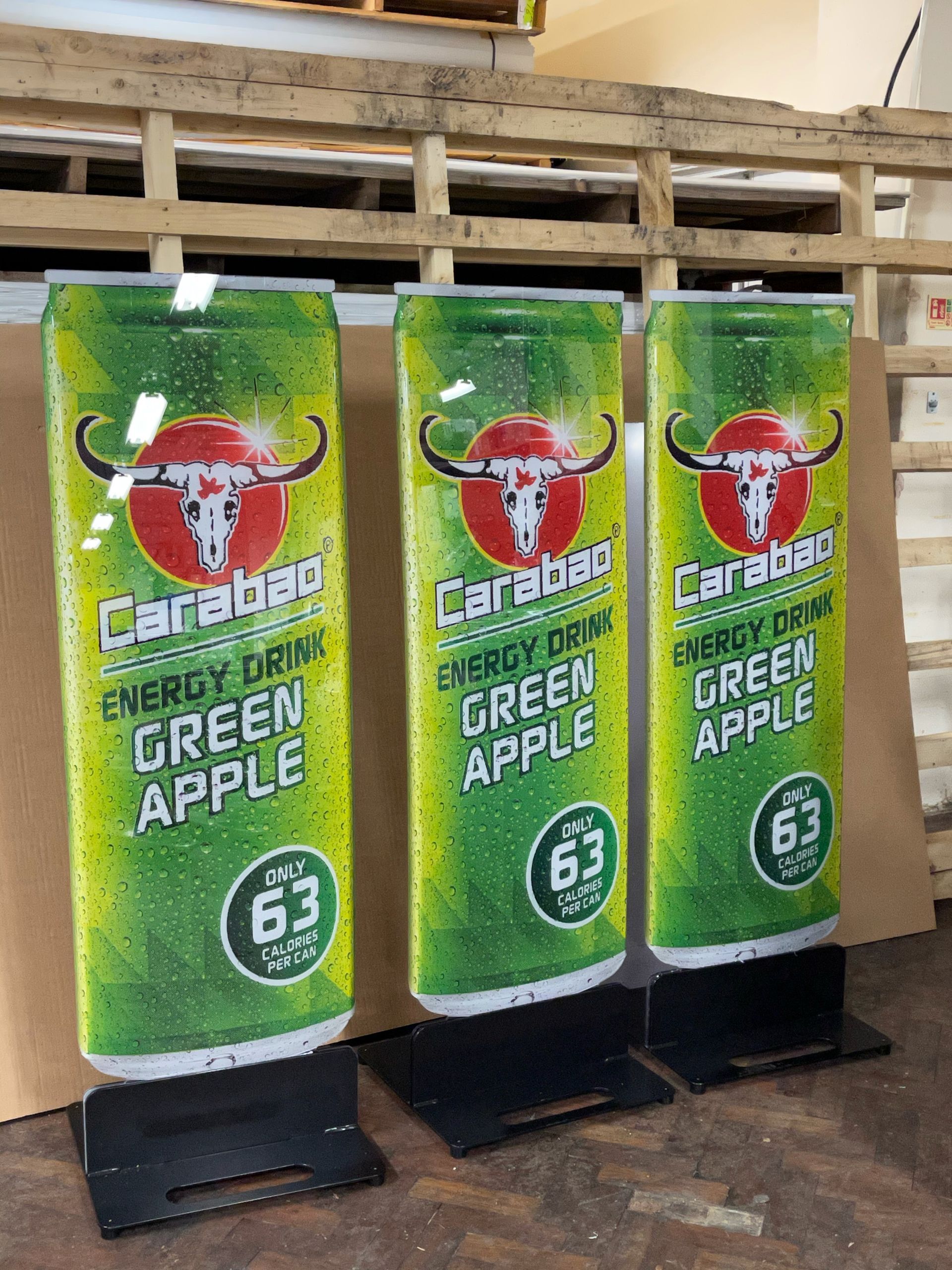 Printed floor standing display panels to look like Caraboa drinks cans