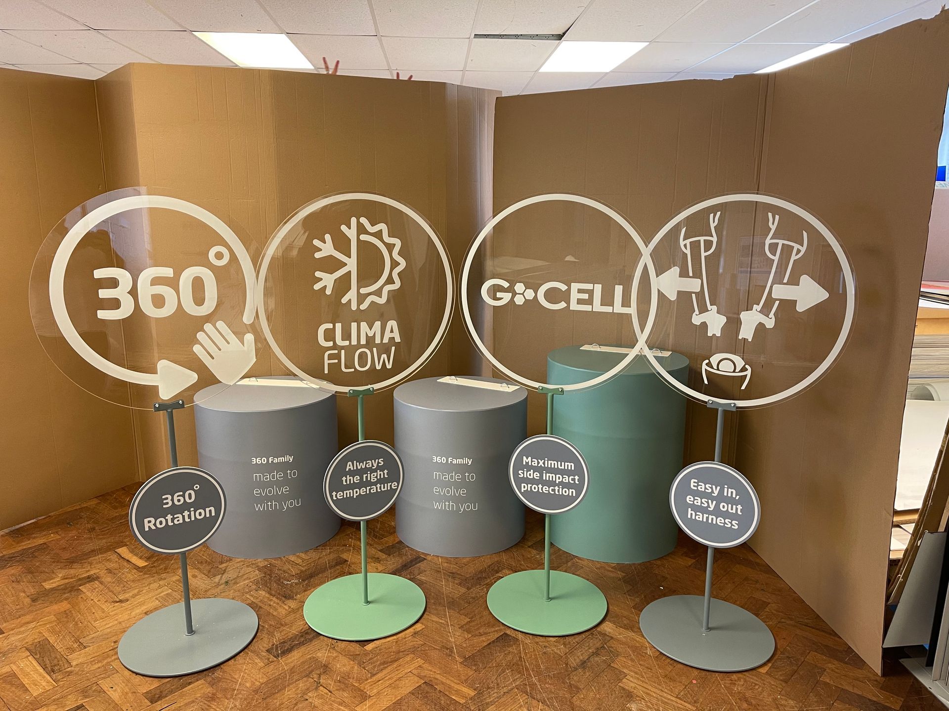 Four Circular CNC cut perspex free standing signs with cut self adhesive vinyl applied mounted on painted metal round bases