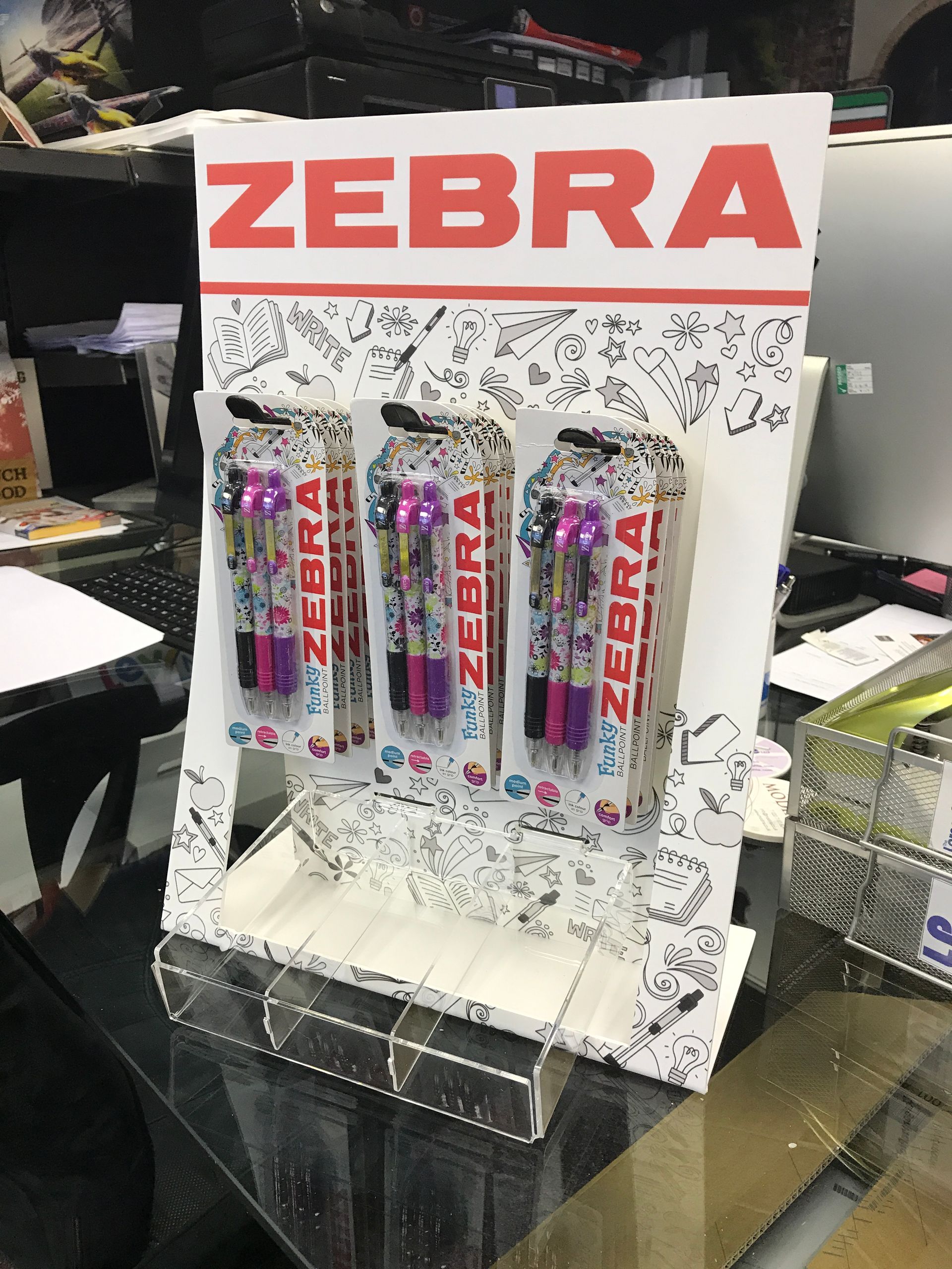 Counter top display designed and manufactured displaying Zebra Funky ballpoint pens