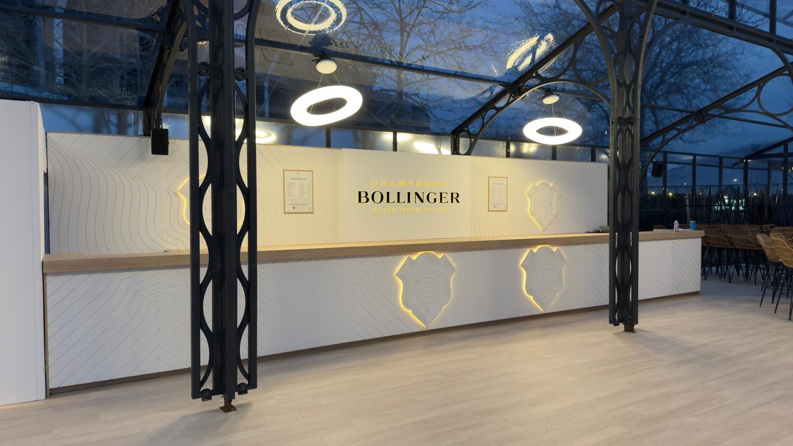 Bollinger bar panel prints and counter installation with backlit logo graphics