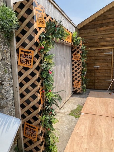 Manufactured and installed Orchard Thieves branded pagoda arch side view