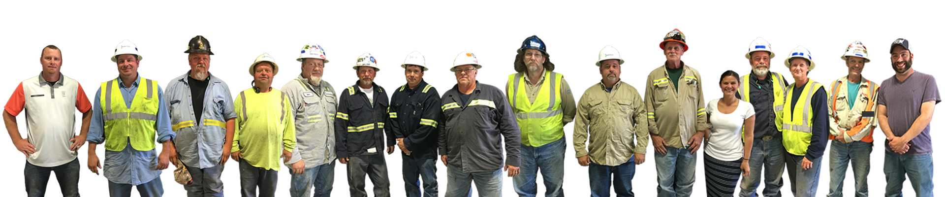 A group of construction workers are standing in a row.