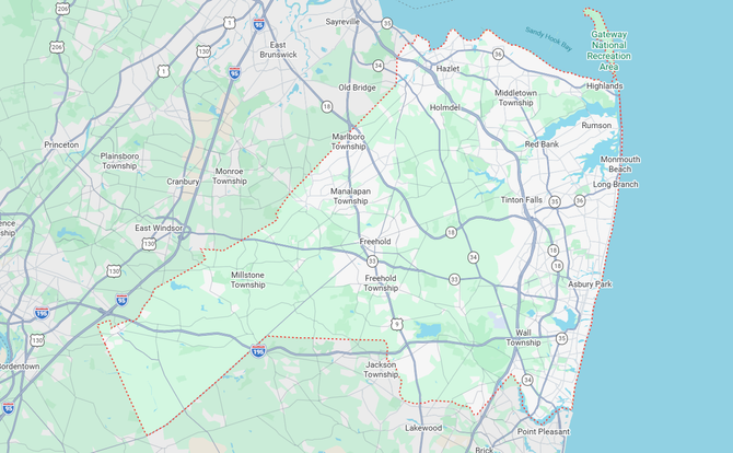 Landscaping Map of a Monmouth County NJ with roads, towns, and waterways on a light green and blue background