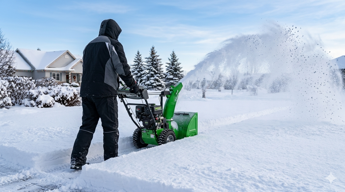 Snow Plowing in Middletown NJ. Person operating a green snow blower in a snowy driveway, clearing heavy snow with houses in the background