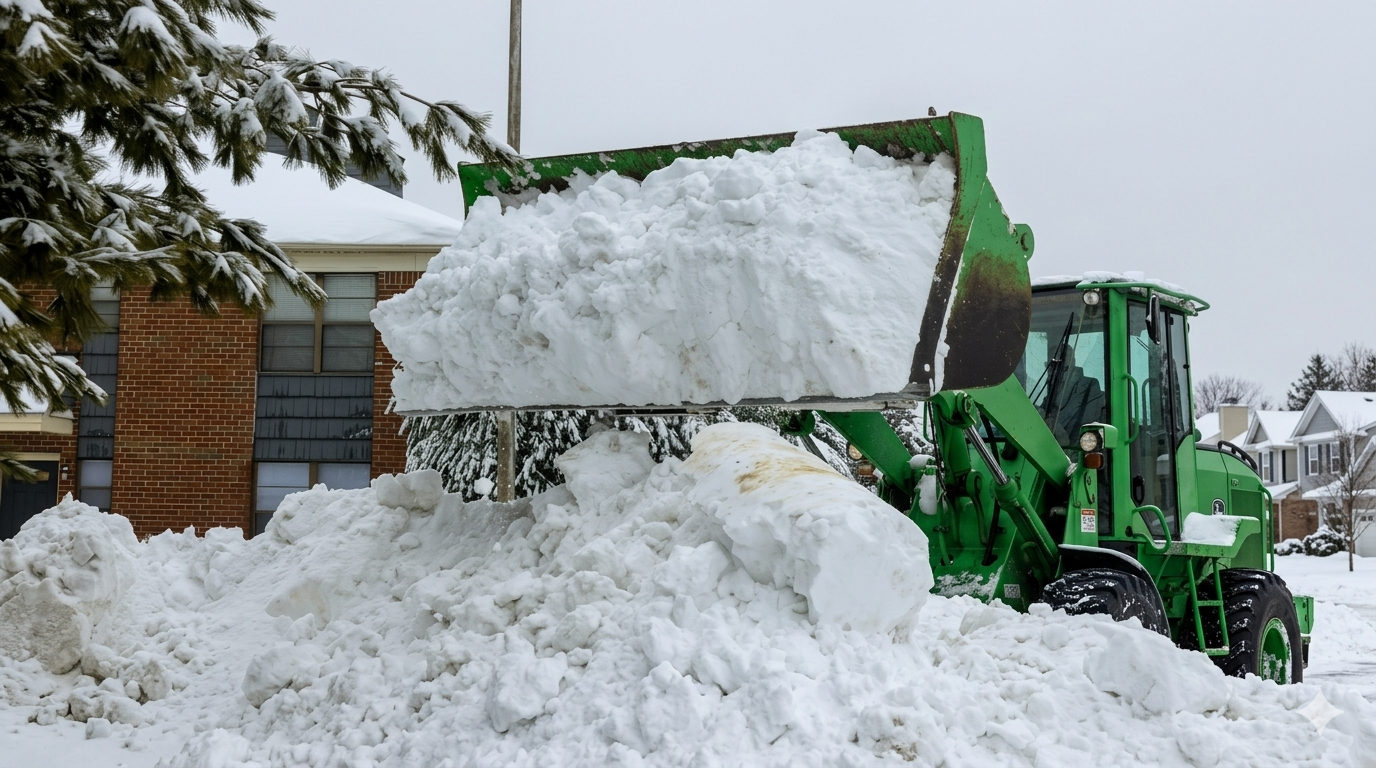 Middletown NJ Snow Removal Company, Green front loader pushing snow in a snowy residential street near a brick house.