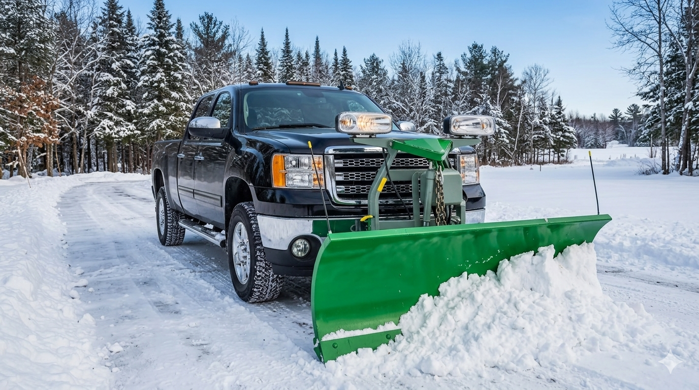 Black pickup truck with green snowplow clearing snow on a snowy road by pine trees